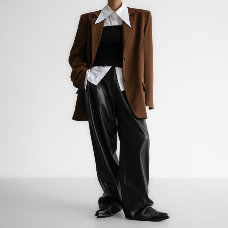 Paper Moon - Korean Women Fashion - #restrostyle - leather low waisted double pleats wide trousers - 5