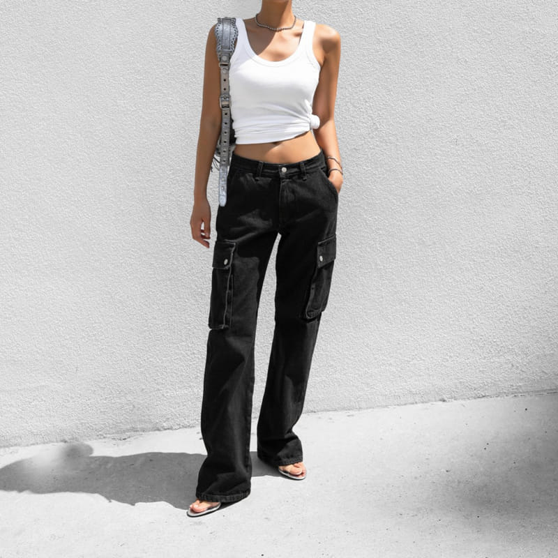 Paper Moon - Korean Women Fashion - #restrostyle - washed black denim low - rise pocket cargo jeans - 4