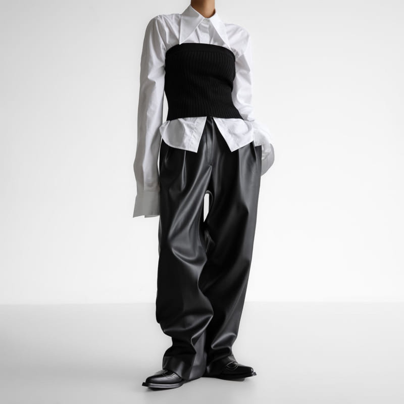 Paper Moon - Korean Women Fashion - #vintageinspired - leather low waisted double pleats wide trousers - 2