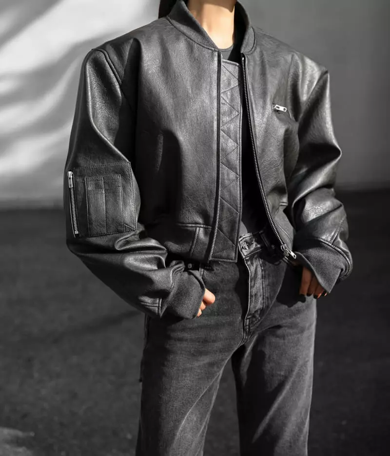 Paper Moon - Korean Women Fashion - #vintageinspired - vegan leather cropped full - up bomber jacket