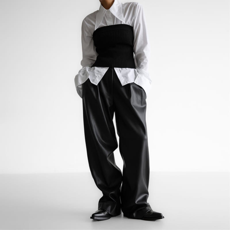 Paper Moon - Korean Women Fashion - #vintagekidsstyle - leather low waisted double pleats wide trousers - 3