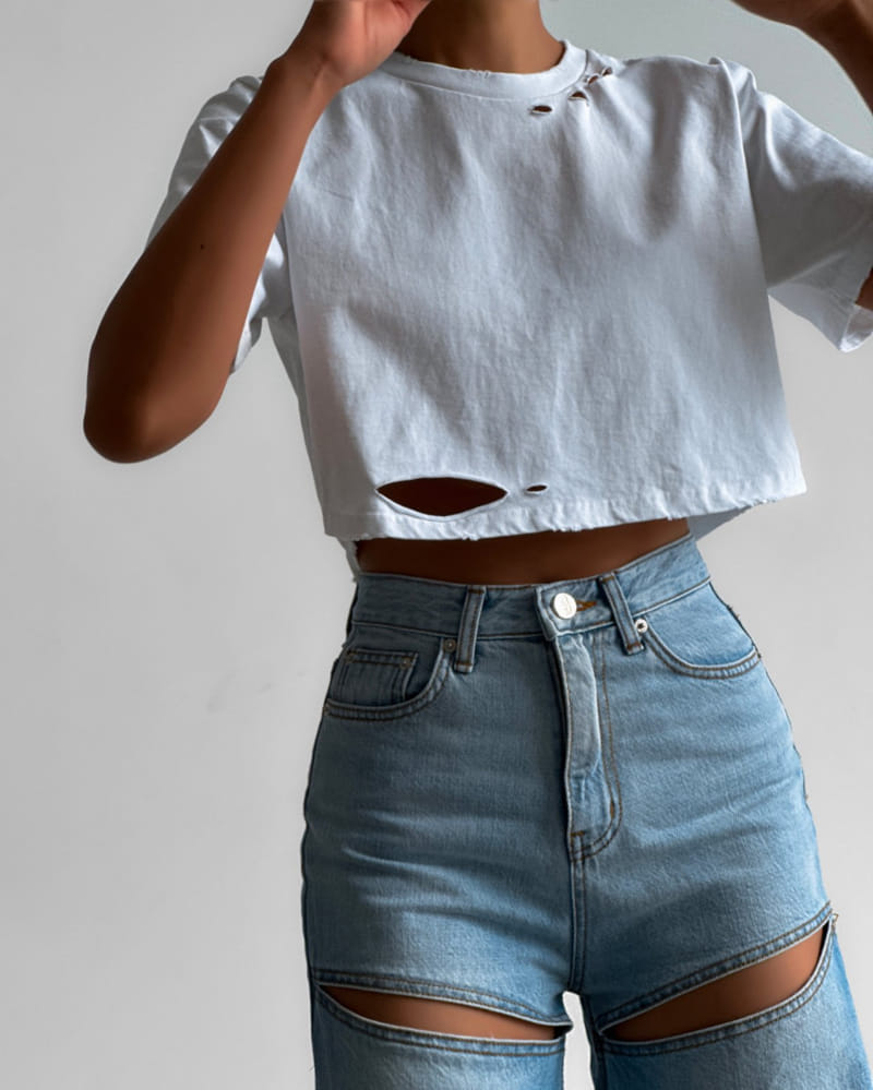 Paper Moon - Korean Women Fashion - #womensfashion - cropped pigment cutted detail Tee