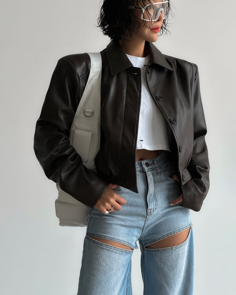 Paper Moon - Korean Women Fashion - #womensfashion - hidden button shirred detail vegan leather blouson