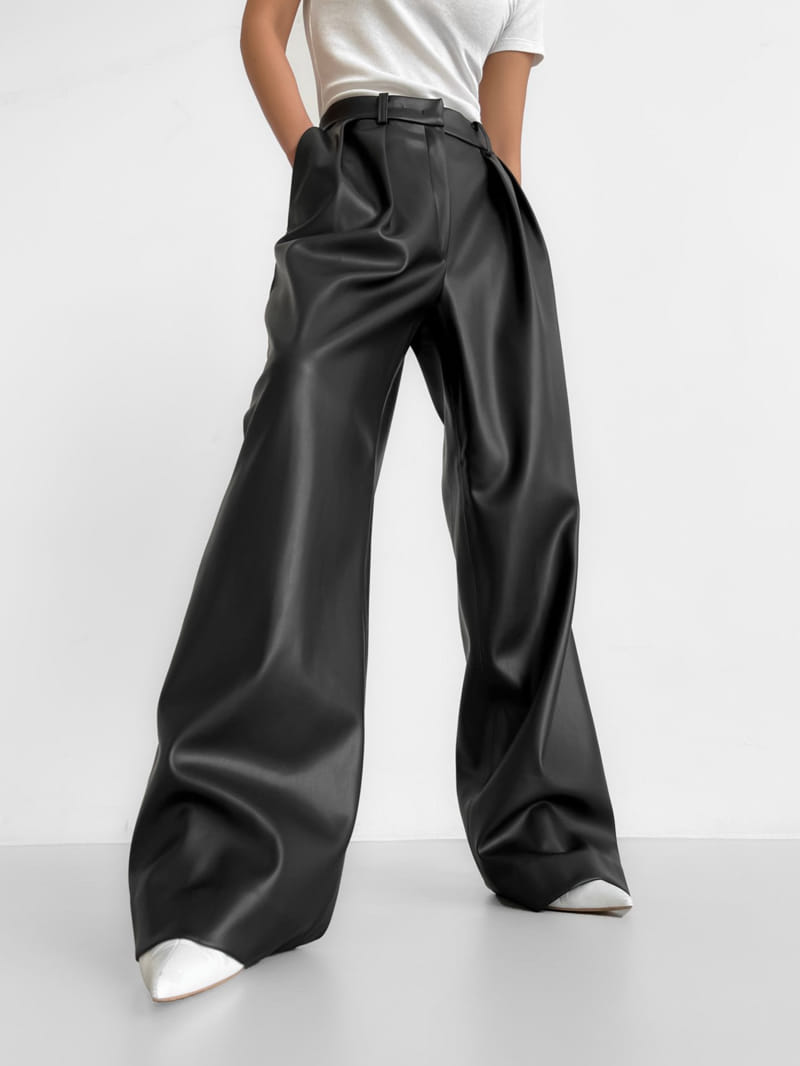 Paper Moon - Korean Women Fashion - #womensfashion - leather low waisted double pleats wide trousers