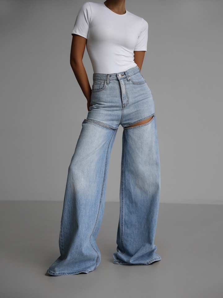 front cut split wide blue denim jeans