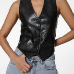 vegan washed leather button down vest