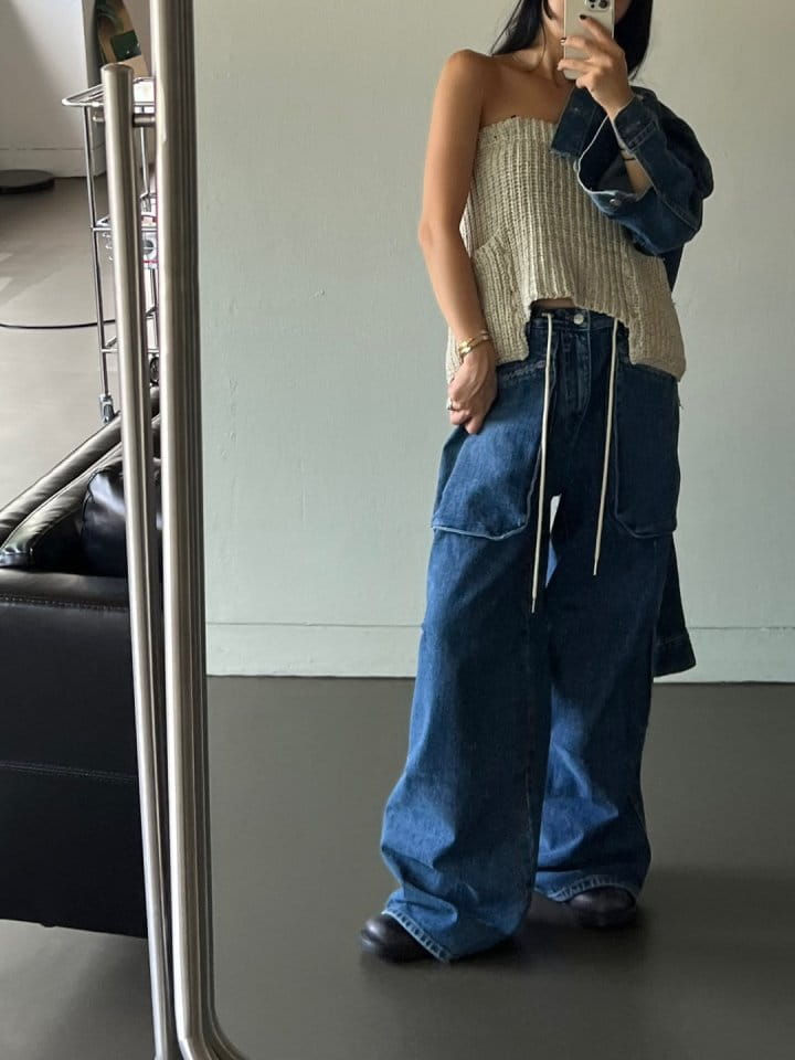 Bricklane - Korean Women Fashion - #restrostyle - Big Pocket String Denim Pants - 3