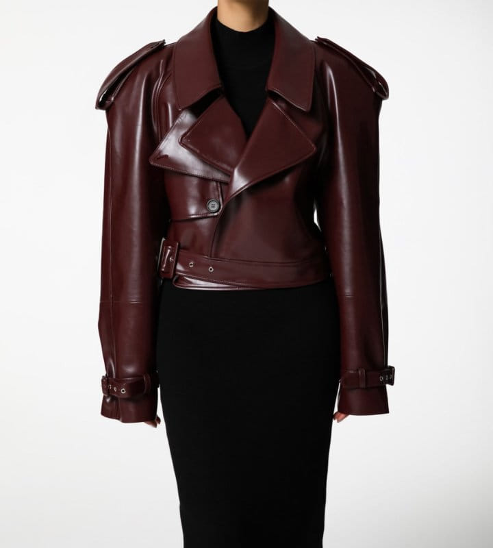 Paper Moon - Korean Women Fashion - #momslook - belted buckle detail chunky cropped leather trench jacket - 10