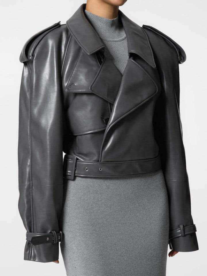 Paper Moon - Korean Women Fashion - #womensfashion - belted buckle detail chunky cropped leather trench jacket - 4