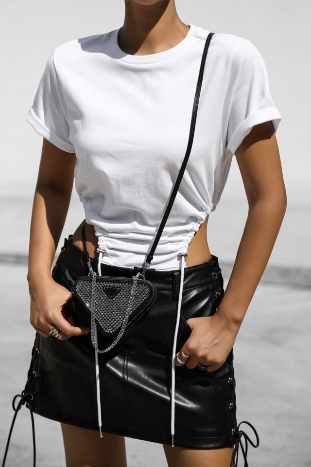 Paper Moon - Korean Women Fashion - #restrostyle - eyelet strap detail vegan leather mini skirt - 5