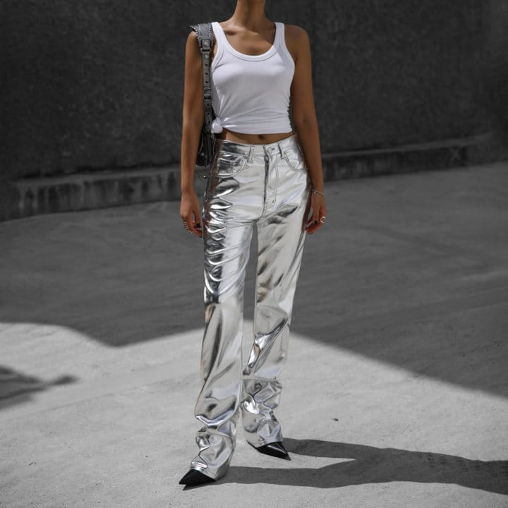 Paper Moon - Korean Women Fashion - #restrostyle - patent vegan leather coated straight pants - 7