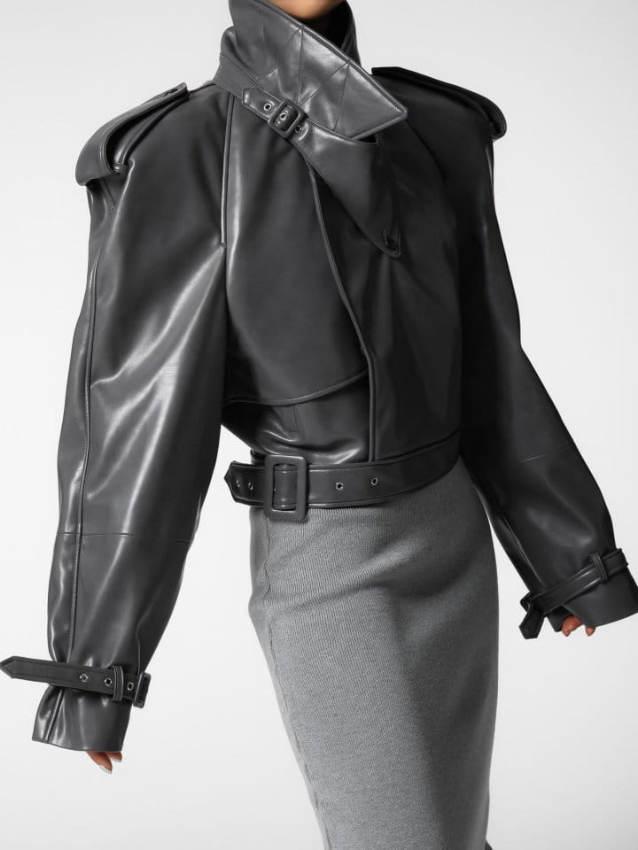 Paper Moon - Korean Women Fashion - #womensfashion - belted buckle detail chunky cropped leather trench jacket - 5