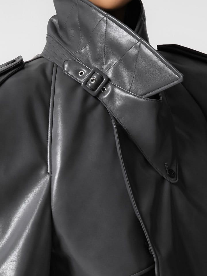 Paper Moon - Korean Women Fashion - #womensfashion - belted buckle detail chunky cropped leather trench jacket - 7