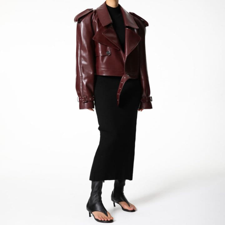 Paper Moon - Korean Women Fashion - #womensfashion - belted buckle detail chunky cropped leather trench jacket - 9