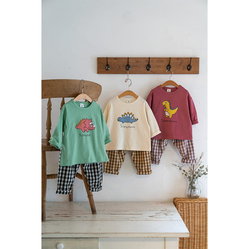 Raykids - Korean Children Fashion - #Kfashion4kids - Three Dino Check Top Bottom Set