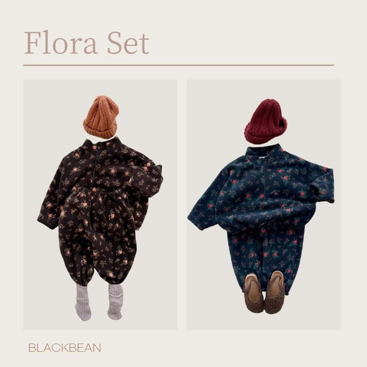 Black Bean - Korean Children Fashion - #littlefashionista - Floral Fleece Top Bottom Set - 9