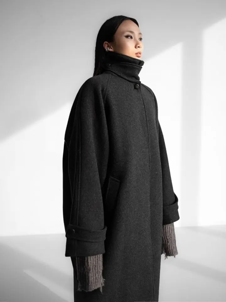 wool oversized high neck collar balmacaan coat - KKAMI