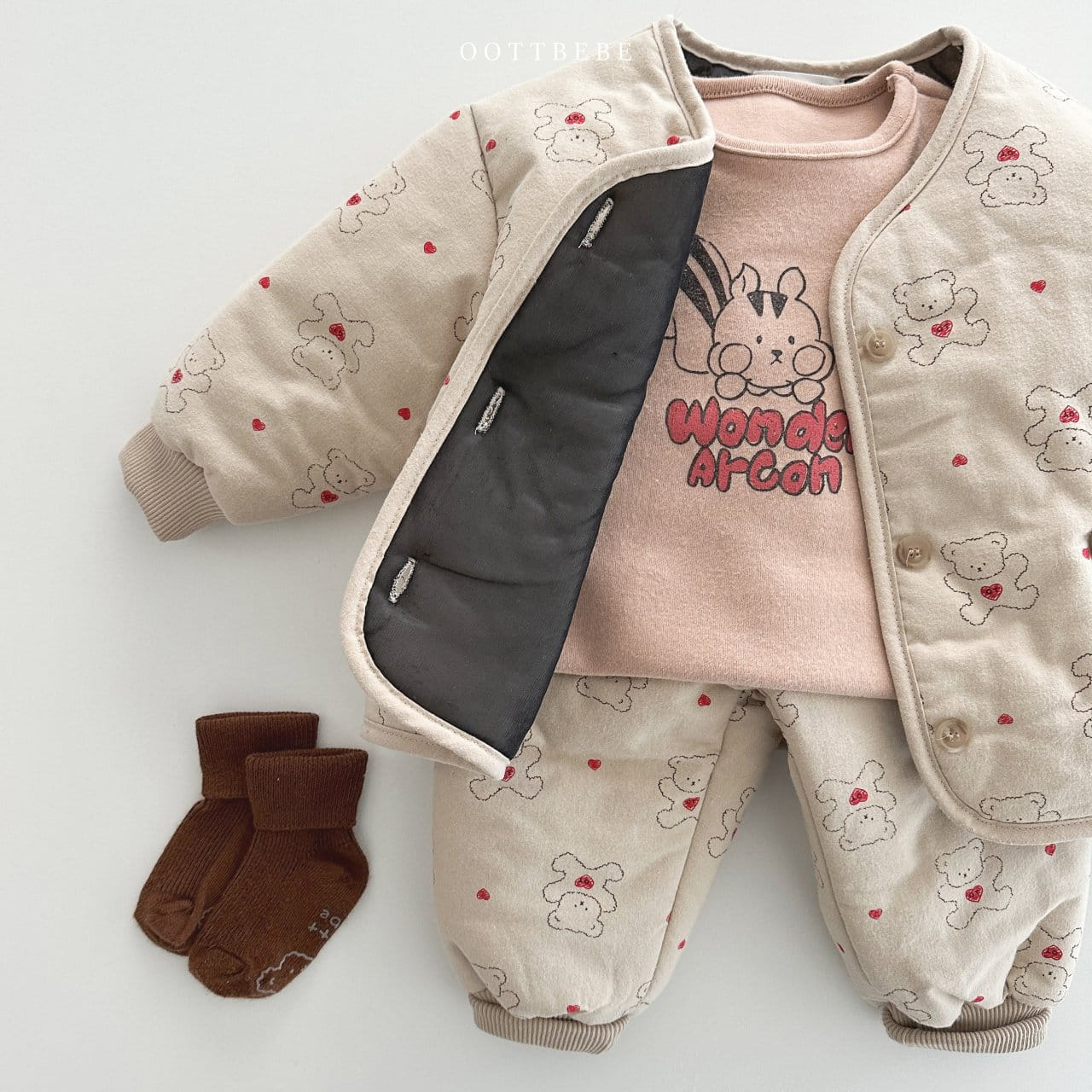 Oott Bebe - Korean Children Fashion - #magicofchildhood - Heart Bear Padding Top Bottom Set - 7