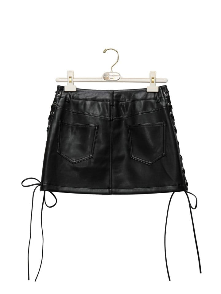 Paper Moon - Korean Women Fashion - #momslook - eyelet strap detail vegan leather mini skirt - 6