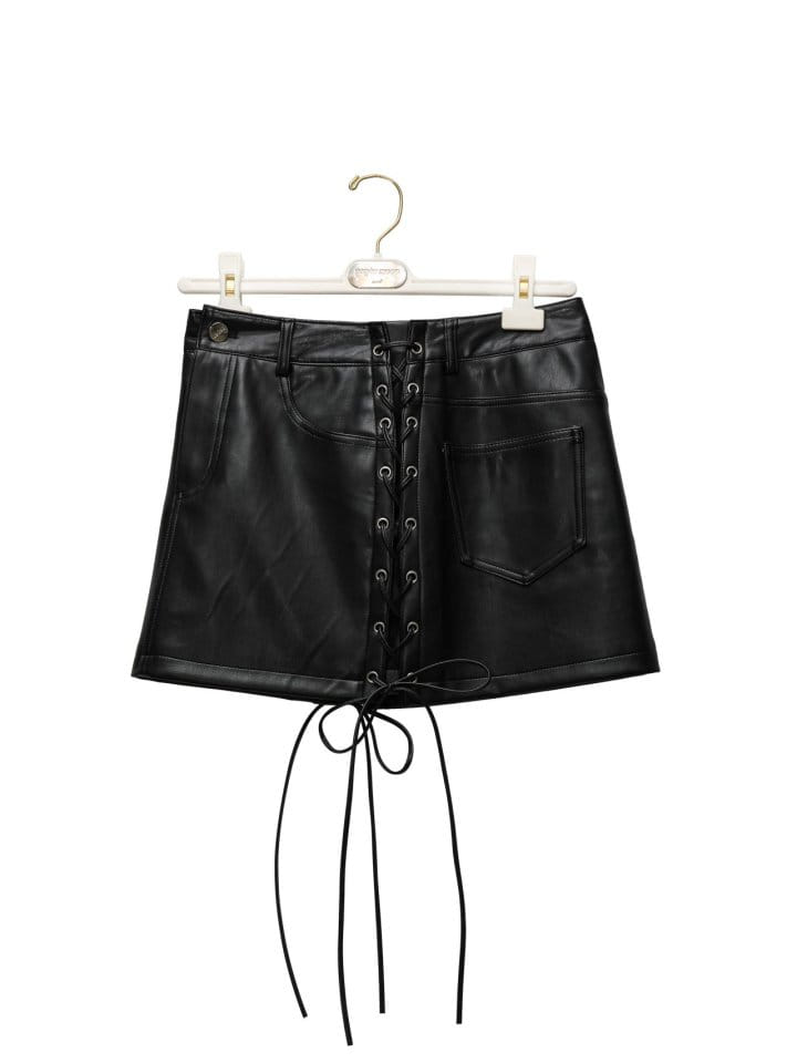 Paper Moon - Korean Women Fashion - #momslook - eyelet strap detail vegan leather mini skirt - 7