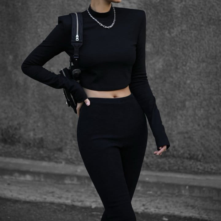 Paper Moon - Korean Women Fashion - #womensfashion - padded shoulder mock neck cropped top 