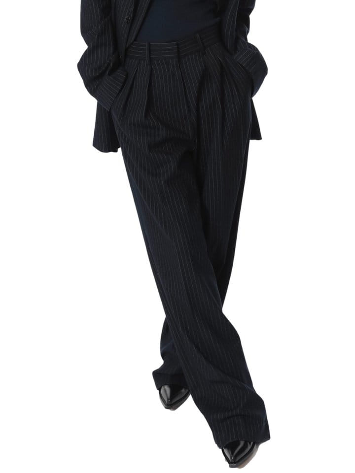 Paper Moon - Korean Women Fashion - #momslook - pin striped low waisted double pleats wide trousers