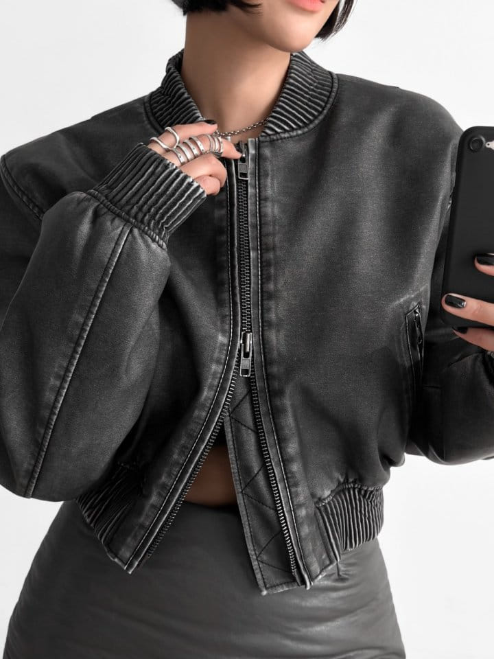 Paper Moon - Korean Women Fashion - #womensfashion -   Washed Vegan L Cropped Mini Full Zipped Up Bomber  - 3