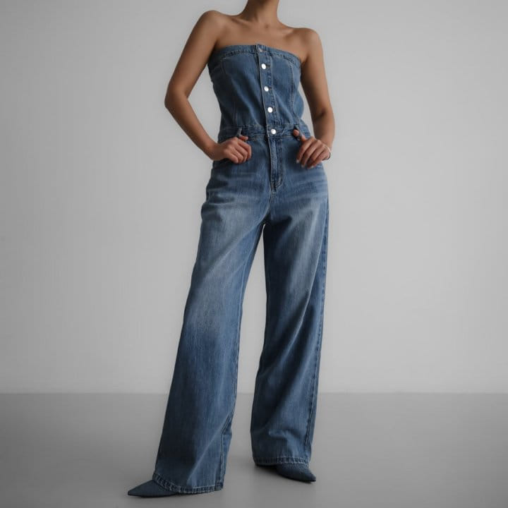 Paper Moon - Korean Women Fashion - #momslook - Strapless Blue Denim Jumpsuit - 2