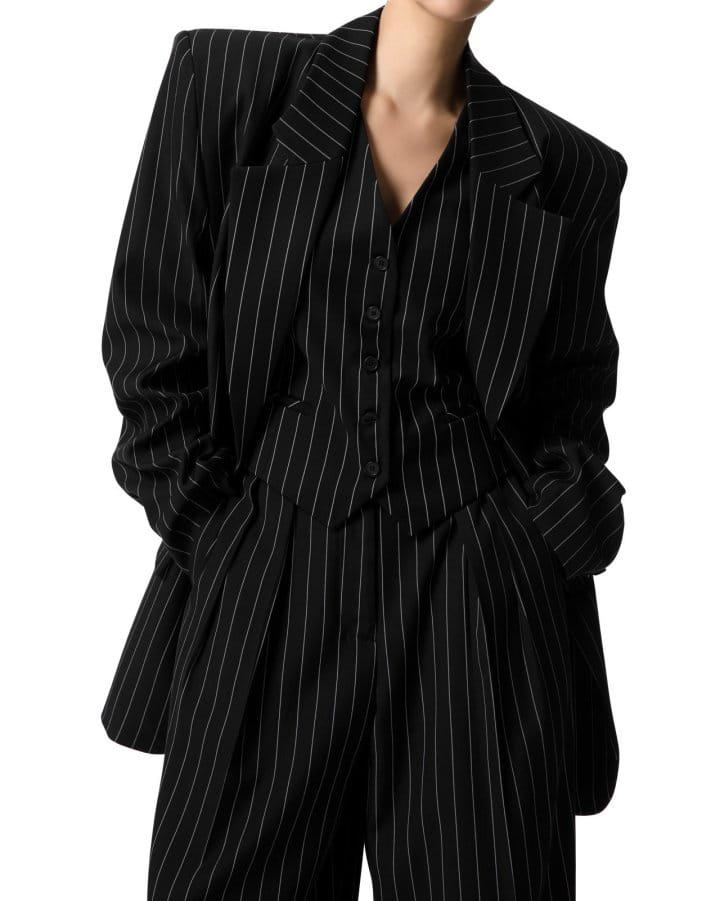 Paper Moon - Korean Women Fashion - #momslook - Wide Pin Stripe Set Up Suit Single Blazer