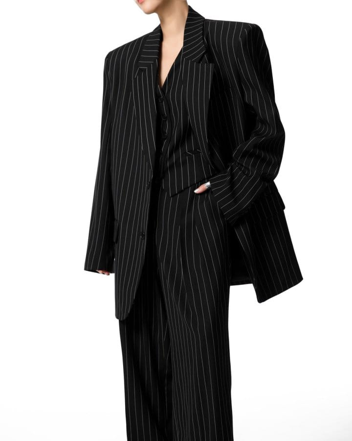 Paper Moon - Korean Women Fashion - #momslook - Wide Pin Stripe Set Up Suit Single Blazer - 3