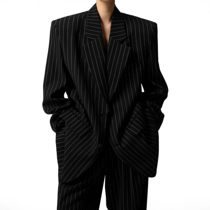 Paper Moon - Korean Women Fashion - #momslook - Wide Pin Stripe Set Up Suit Single Blazer - 5