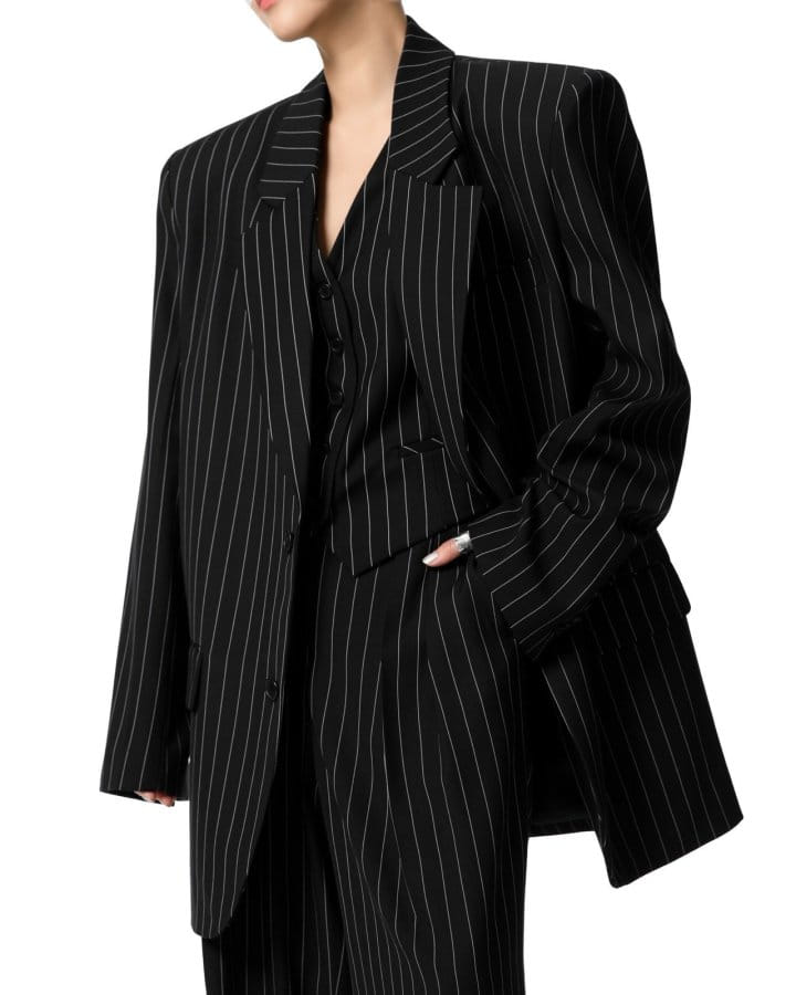 Paper Moon - Korean Women Fashion - #momslook - Wide Pin Stripe Set Up Suit Single Blazer - 7