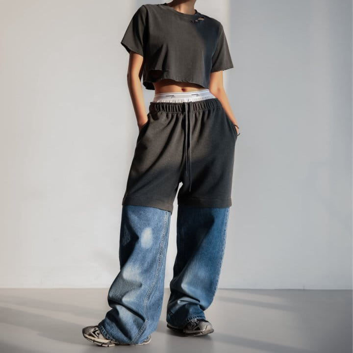 Paper Moon - Korean Women Fashion - #momslook - Denim Hem Detail Drawstring Sweat Pants - 11