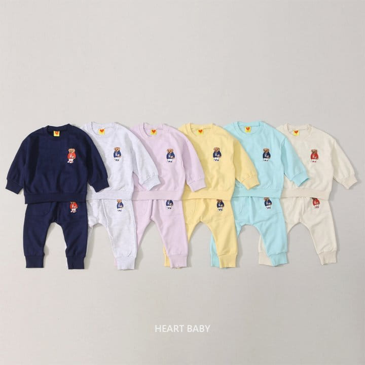 Heart Baby - Korean Children Fashion - #childrensboutique - Bear Embroidery Top Bottom Set