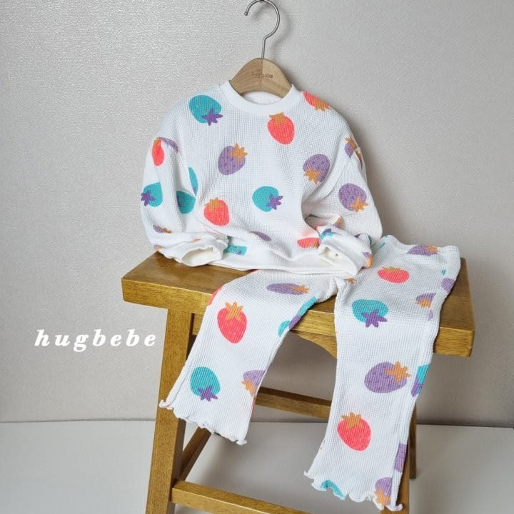 Hug Bebe - Korean Children Fashion - #kidsstore - Waffle Strawberry Top Bottom Set - 2