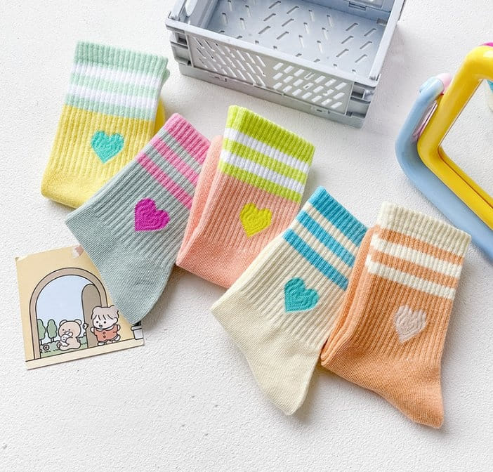 Miso - Korean Children Fashion - #kidsshorts - Heart Two Line Socks Set - 2