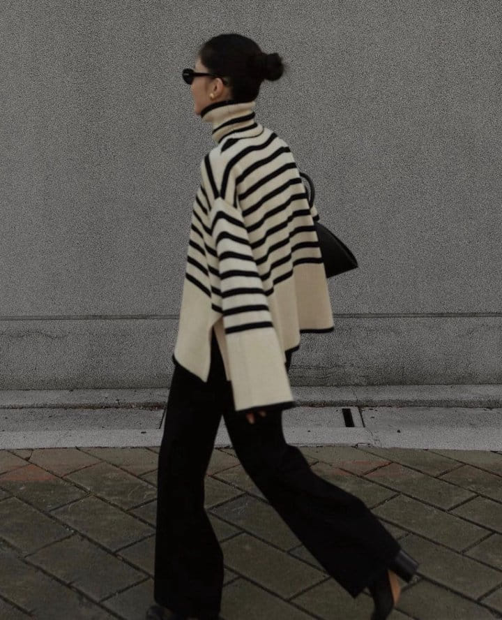 Moani - Korean Women Fashion - #vintageinspired - W Stripe Turtle Neck Side Slit Knit