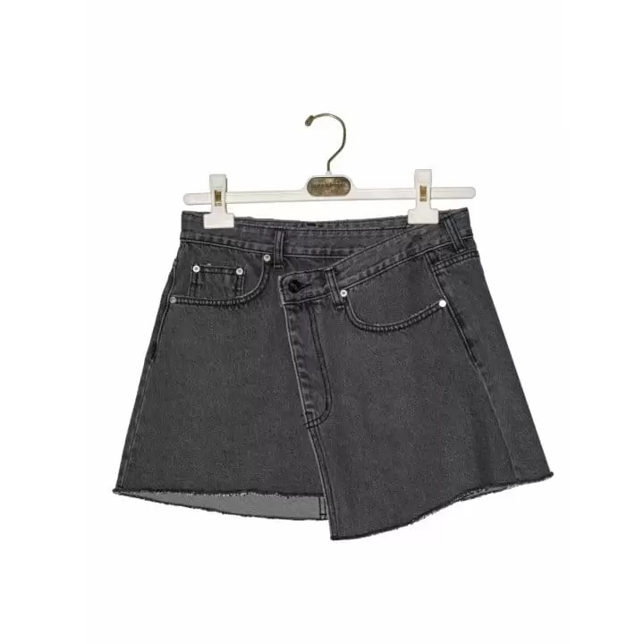 Paper Moon - Korean Women Fashion - #pursuepretty - Unbalanced Wrap Detail Denim Mini Skirt  - 3