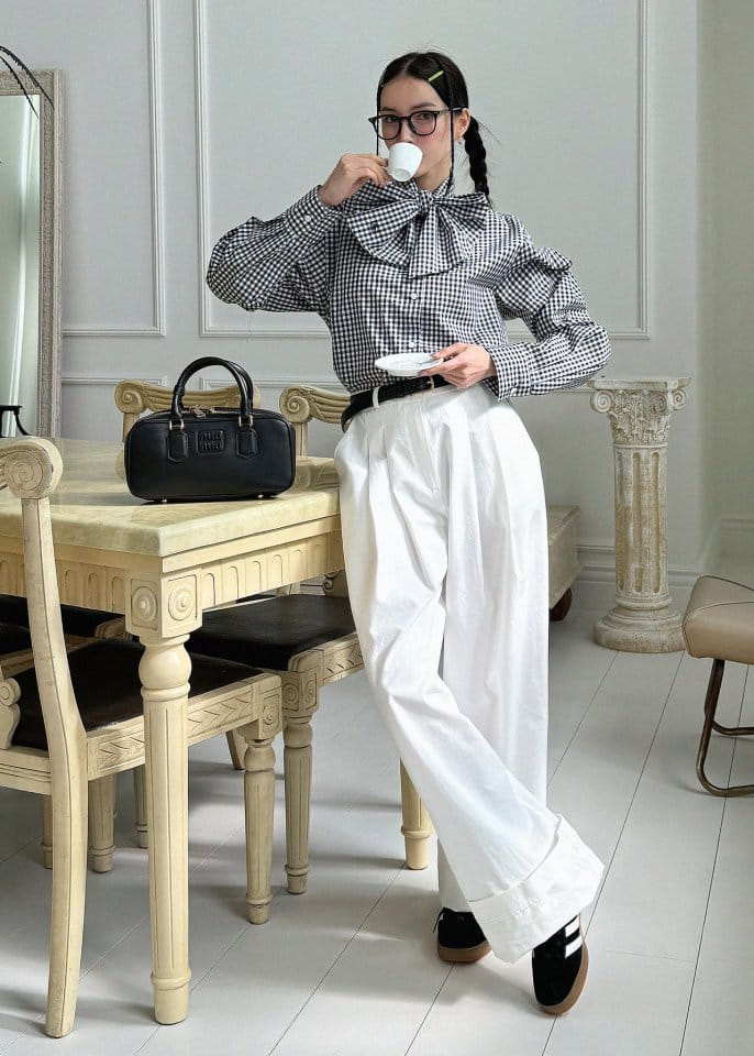 Auver_Fit - Korean Women Fashion - #momslook - Check Ribbon Blouse - 3