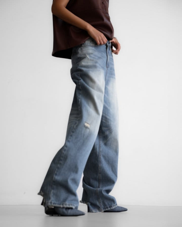 Paper Moon - Korean Women Fashion - #womensfashion - Vintage Blue Distressed Damage Wash Wide Leg Jeans - 5