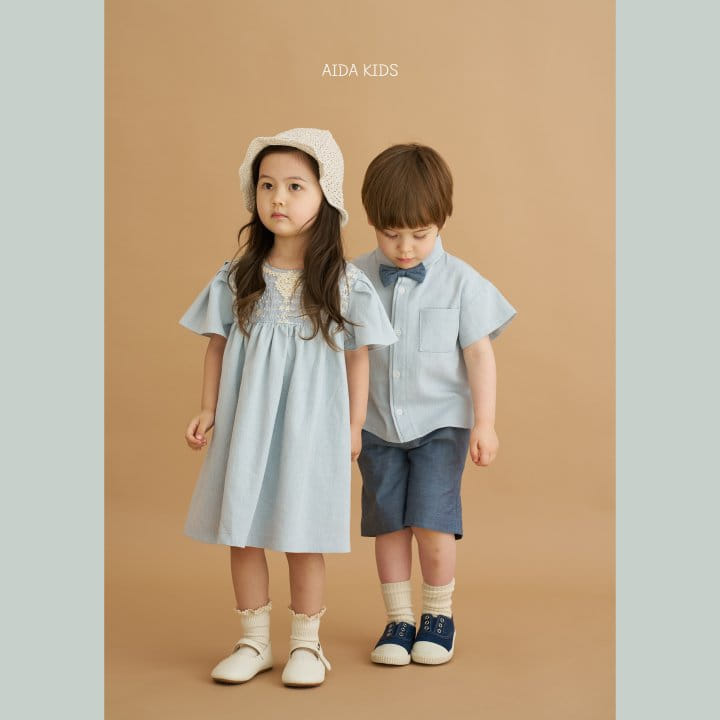 Aida - Korean Children Fashion - #kidsshorts - Washed Denim Short Sleeve Shirt - 5