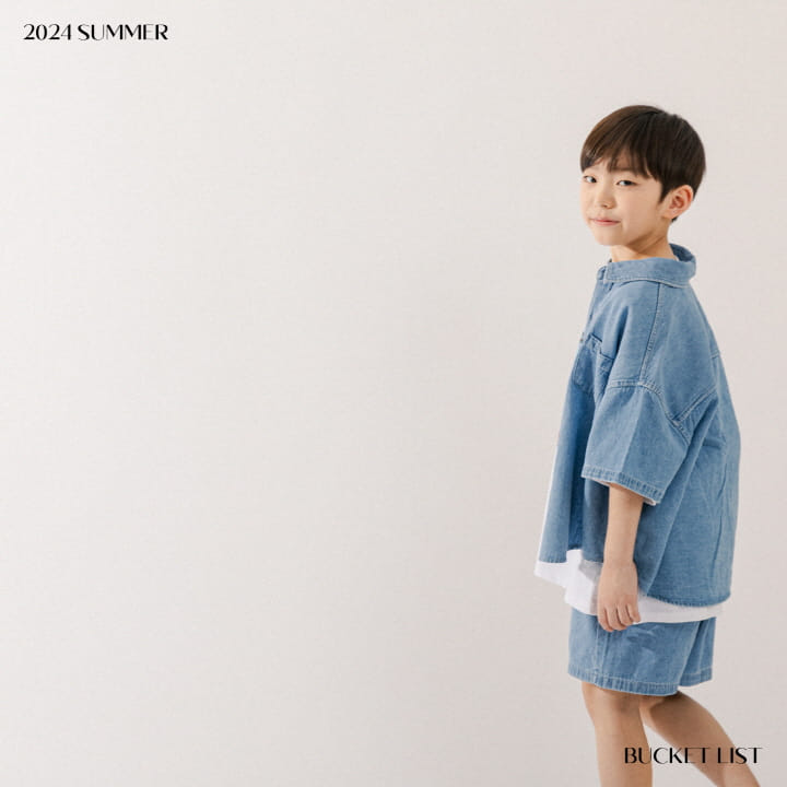 Bucket List - Korean Children Fashion - #kidsshorts - Basic Denim Short Sleeve Shirt - 2