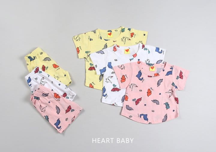 Heart Baby - Korean Baby Fashion - #babyoutfit - Dino Short Sleeve Top Bottom Set - 2