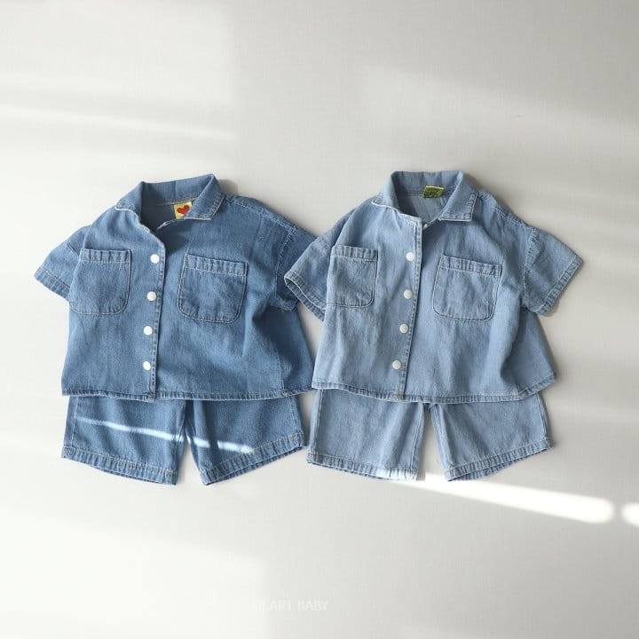 Heart Baby - Korean Children Fashion - #childofig - Tick Tock Washing Denim Top Bottom Set - 3