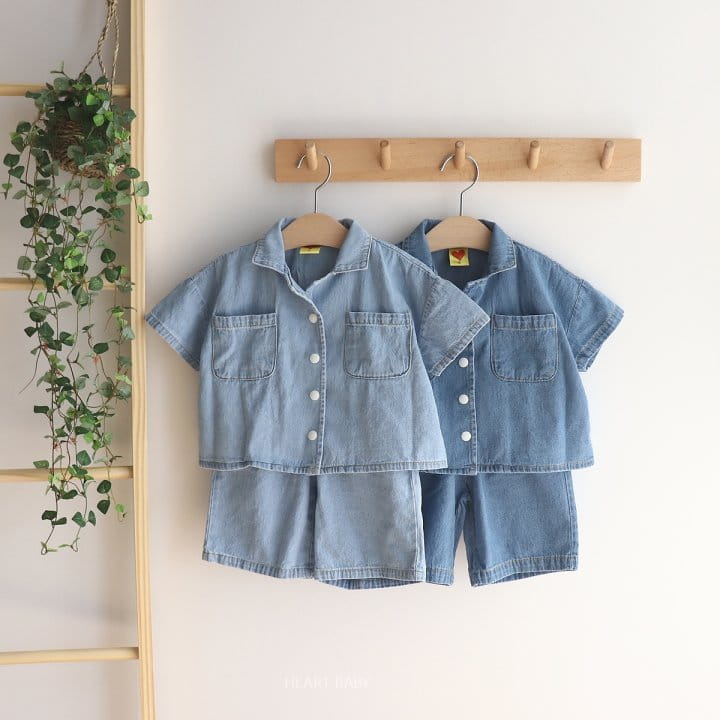 Heart Baby - Korean Children Fashion - #minifashionista - Tick Tock Washing Denim Top Bottom Set