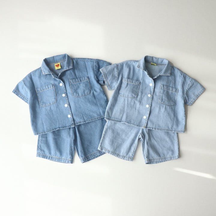 Heart Baby - Korean Children Fashion - #prettylittlegirls - Tick Tock Washing Denim Top Bottom Set - 2