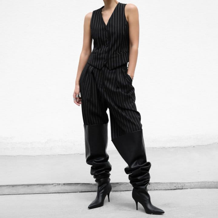 Paper Moon - Korean Women Fashion - #momslook - Wide Pin Stripe Set Up Suit Pleated Trousers