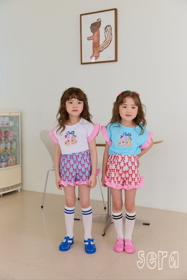 Sera - Korean Children Fashion - #childofig - Frill Ribbon Print Top Bottom Set - 8