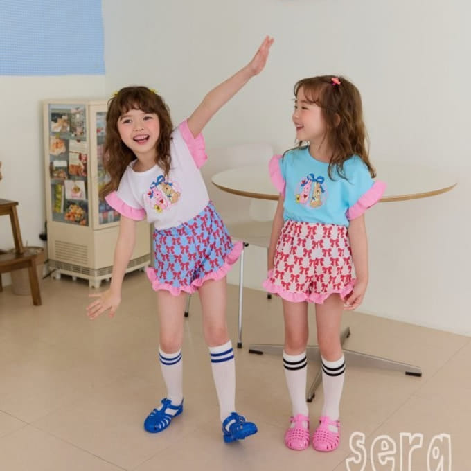 Sera - Korean Children Fashion - #littlefashionista - Frill Ribbon Print Top Bottom Set