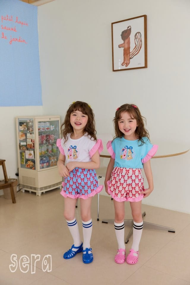 Sera - Korean Children Fashion - #todddlerfashion - Frill Ribbon Print Top Bottom Set - 5